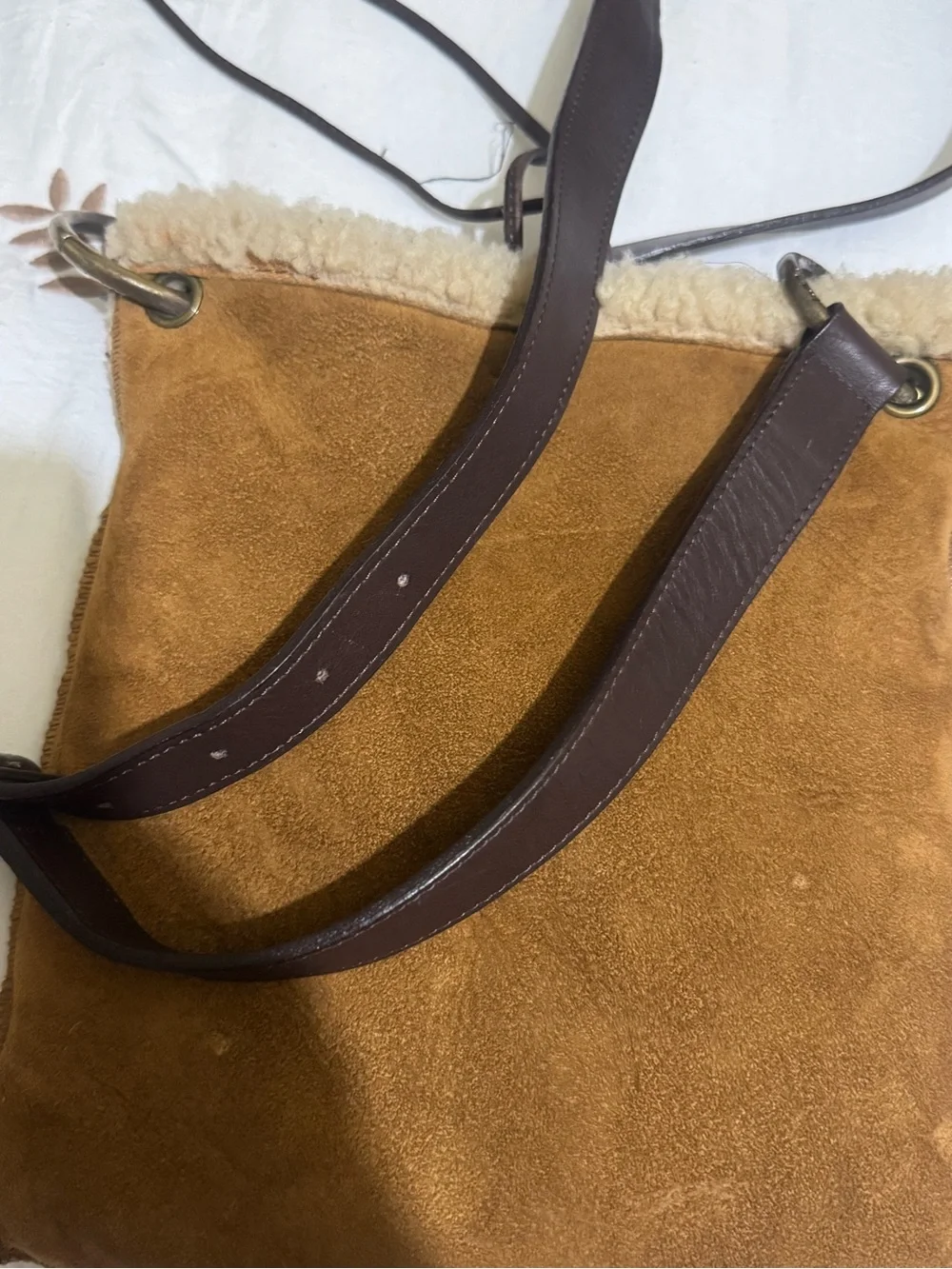 UGG Brown Suede and Dark Brown Leather Messenger Bag with Shearling Trim